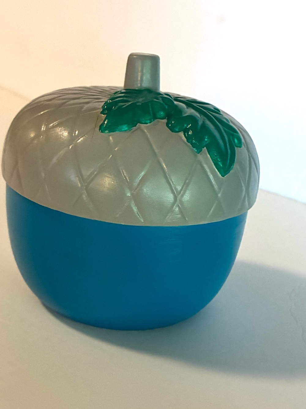 Acorn-Shaped Blue & Gray Decorative Container with Green Leaf Accent - Picture 3 of 5